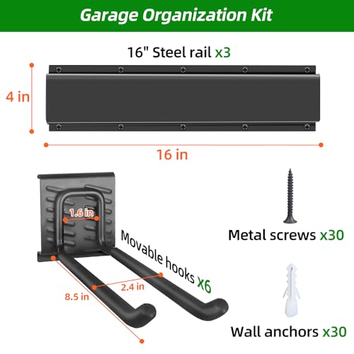 PIYILO Garage Wall Organizer, 48 inches Adjustable Garden Tool Organizer | Heavy-duty Alloy Steel, 360 LBS Load, Wear & Tear Resistant, Soft Anti-Scratch Hook Sleeves, For Lawn, Yard & Shed Storage - size: 48 inch 6-Hook