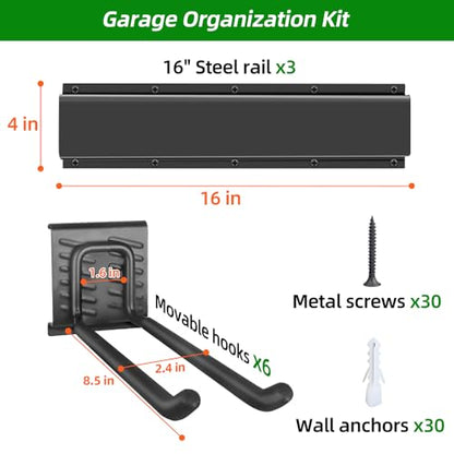 PIYILO Garage Wall Organizer, 48 inches Adjustable Garden Tool Organizer | Heavy-duty Alloy Steel, 360 LBS Load, Wear & Tear Resistant, Soft Anti-Scratch Hook Sleeves, For Lawn, Yard & Shed Storage - size: 48 inch 6-Hook