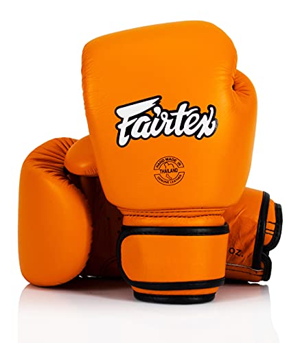 Fairtex BGV16 Compact Boxing Gloves, Leather Muay Thai MMA Kickboxing Gear | Traditional handmade cowhide construction. Contoured design ensures a secure, comfortable fit for high-intensity gym training - color: Orange, size: 12 oz