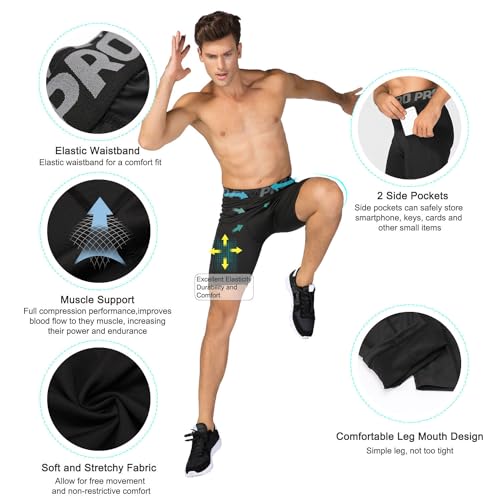 LANBAOSI Mens Compression Shorts with Phone Pocket Running Gym Yoga Athletic Tights Baselayer Summer Cool Dry Underwear Pack - color: Camo Black, size: Large