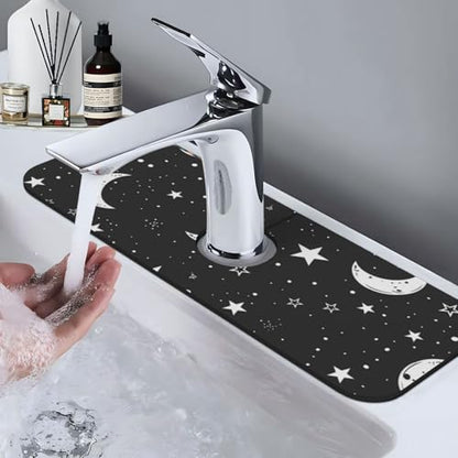 Faucet Draining Mat For Kitchen Sink, Moons Stars White Diatom Mud Absorbent Drain Pad For Bathroom Kitchen Sink Splash Guard Drying Mat - color: Moons Stars White