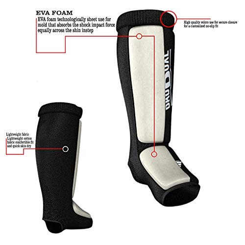 Twister Muay Thai Boxing Kickboxing Karate Shin Guard Taekwondo MMA | Elastic Cotton Cloth Shin & Instep Padded Guards | Shin in Steps Shin Guards Pair - color: BLACK/WHITE, size: Small-Medium