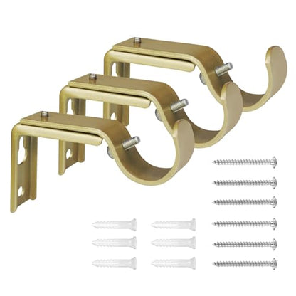 Curtain Rod Bracket Heavy Duty Adjustable Window Hardware Rod Holders Hanger for 1 inch Rods, Set of 3 (Gold-Adjustable) - color: Gold-Adjustable