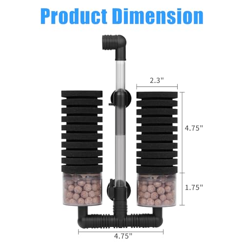 AQUANEAT Aquarium Air Powered Sponge Filter with Ceramic Media Balls, for Betta Fry Shrimp Fish Tank, with 2 Spare Sponges, up to 55Gal