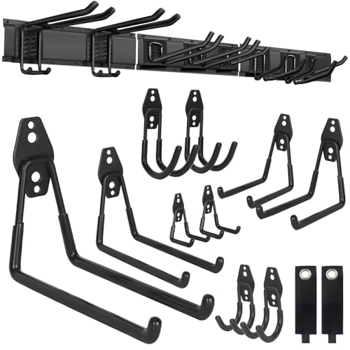 PIYILO Garden Tool Organizer 48 inches with 18 Garage Wall Hooks in 9 Types | Thick Alloy Steel, Adjustable Hooks, Wear & Tear Resistant, Soft Anti-Scratch Hook Sleeves, For Yard Tools, Shovels, Shed - size: 48 inch 18-Hook