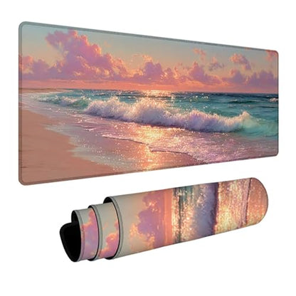 Sea View Gaming Mouse Pad 24x12in, Large Desk Mat Sunset, Mousepad with Stitched Edges, Gaming Accessories, Mouse Pad with Non-Slip Rubber Base, Office Accessories Keyboard Mat, for PC Laptop N-9485