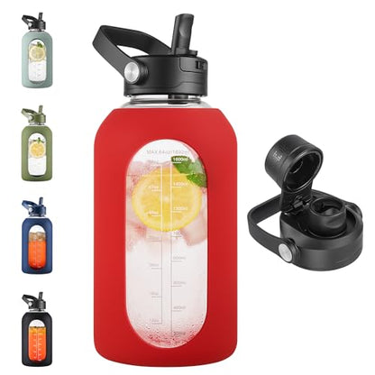 CIVAGO 64 oz Glass Water Bottle Jug with Detachable Straw and Time Maker - color: Red, size: 64 Ounces