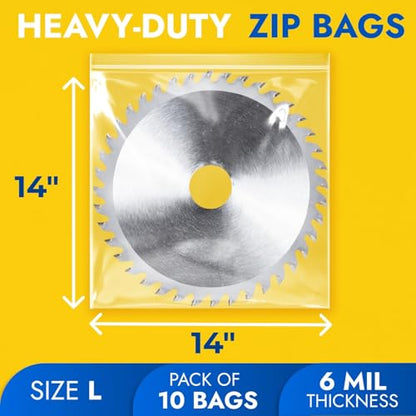 14" x 14" Reclosable Plastic Zip Bags, Pack of 10, 6 Mil Heavy-Duty Clear Poly Bags, Resealable for Food, Clothes, Hardware, Jewelry - size: 14"W x 14"H