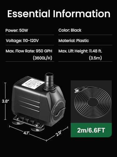 GROWNEER 950GPH Submersible Pump 50W Ultra Quiet Fountain Water Pump 3600L/H, with 9.8ft High Lift, 4 Nozzles for Aquarium, Fish Tank, Pond, Hydroponics, Statuary, Garden, Black (950GPH)