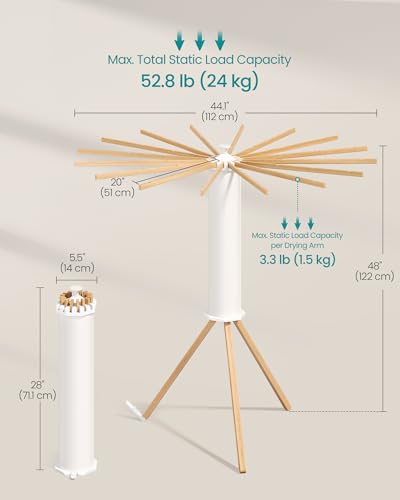 SONGMICS Clothes Drying Rack, Foldable Rotary Tripod, 16 Pull-Out Wood Arms - style: Wood Arms