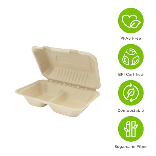 KARAT EARTH Clamshell Take Out Food Containers [9"x6", 200 ct ] 2 Compartments | Compostable To Go Containers, Natural Biodegradable Bagasse
