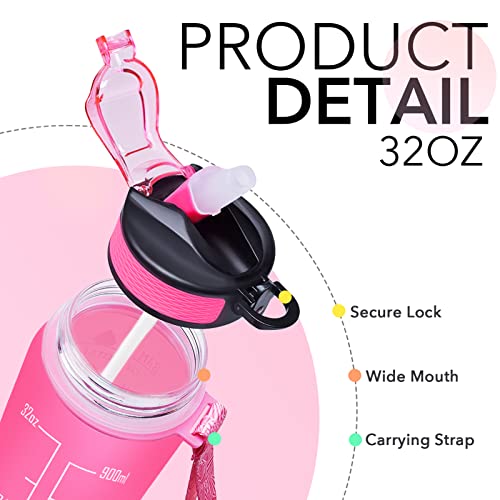 Hyeta Water Bottle with Straw & Time Marker, Plastic 32oz Leakproof - color: Pink-Green