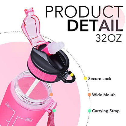 Hyeta Water Bottle with Straw & Time Marker, Plastic 32oz Leakproof - color: Pink-Green