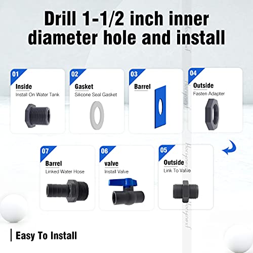 rain barrel spigot kit within MIP1-1/2 inch to FIP 1 inch pvc bulkhead adapter valve 5/8" barb fitting, for 5/2.5/50/55/100 gallon water tank garden bucket outdoor rainwater collection