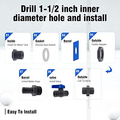 rain barrel spigot kit within MIP1-1/2 inch to FIP 1 inch pvc bulkhead adapter valve 5/8" barb fitting, for 5/2.5/50/55/100 gallon water tank garden bucket outdoor rainwater collection