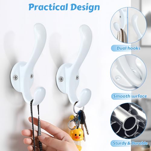 10 Pack Coat Hooks Wall Mount Heavy Duty Utility Retro Double Hooks for Hanging Coats,Hat, Towel, Key, Robe, Scarf, Bag, Cap (White) - color: 10 Pack-White