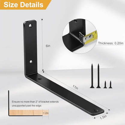 4 Pack - L 11" x H 6" x W1.5, 5mm Thick Black L Shelf Bracket, Iron Shelf Brackets, Metal Shelf Brackets, Floating Shelf, Shelf Supports with Screws - size: 11''x6'', style: Black 4 Pack