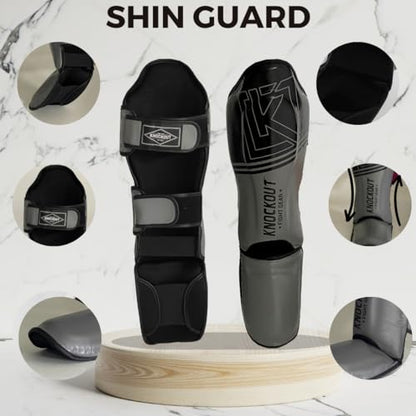 Muay Thai Shin Guards MMA Martial Arts -Padded, Adjustable Leg Guards with Instep Protection for Training and Sparring Gear Kickboxing Equipment – Durable, Professional - color: Black/Gray, size: Large-X-Large