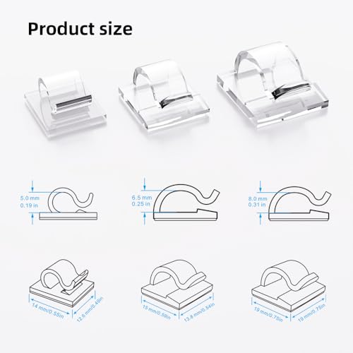 100 PCS Cable Clips Cord Organizer (Small, Medium,Large),Wire Holder for Cable Management, Outdoor Light Clips Light Hooks for LED String,Car Dash Cam, Extension Cord (Clear)