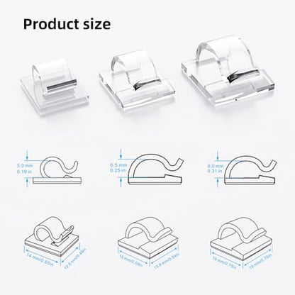 100 PCS Cable Clips Cord Organizer (Small, Medium,Large),Wire Holder for Cable Management, Outdoor Light Clips Light Hooks for LED String,Car Dash Cam, Extension Cord (Clear)
