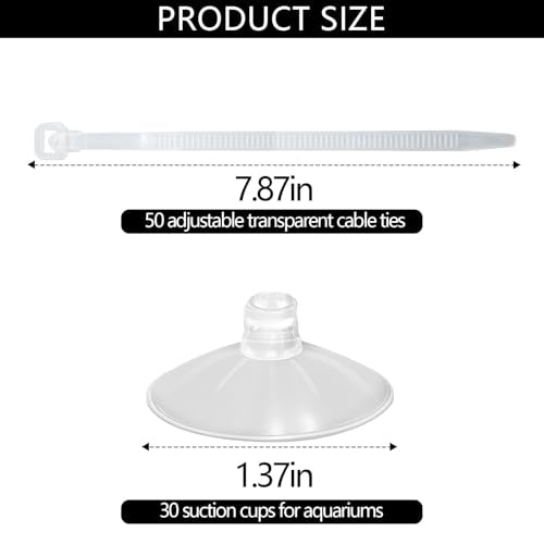 30 PCS Mini Aquarium Suction Cups 35mm with 50 PCS Adjustable Transparent Zip Ties for Fish Tank Plants, Planter, Binding Moss, Window
