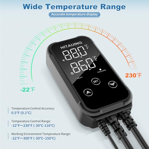 Digital Temperature Controller, Aquarium Heater Reptile Thermostat Heating and Cooling Dual Outlet with Seawater-Resistant Probe for Fish Tanks, Reptile Tanks, Greenhouse & Seedling Mat