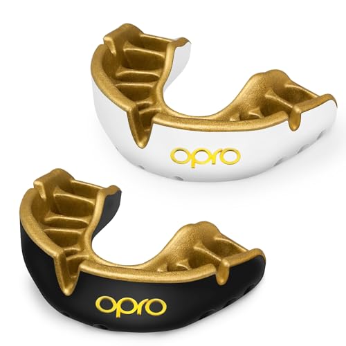 OPRO Gold Level Mouth Guard – Moldable Mouthguard with Superior Comfort, Fit, & Multi-Layer Protection for Boxing, MMA, BJJ, & Football Mouthpiece – Includes Mouth Guard Case (Adult, White/Gold)