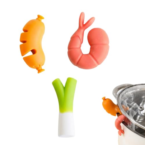 3Pcs Silicone Lid Lifter - Anti-Scalding Pot Side Clips - Heat Resistant, Keep Lids Open, Reduce Spills - Cute Shrimp, Hot Dog & Green Onion Shapes