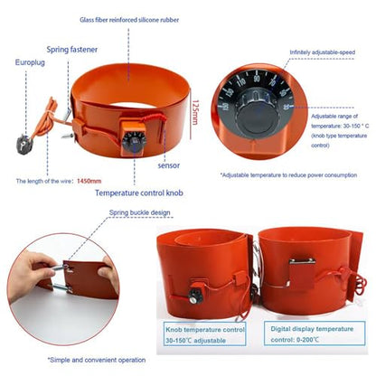 Metal Drum Pail Heater, Electric Silicone Oil Drum Heater Belt, 20-200L Honey Oil Barrel Pail Heaters, Drum Electric Heat Wrap Hot Heating Pad,Barrel Heaters with Knob/Digital Display - color: Knob, size: 200L 68.5x4.9inch (L x W) 1000W