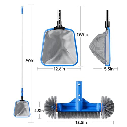 Deluxe Swimming Pool Cleaning Kit Including Half-Deep Fine Mesh Pool Leaf Skimmer Net,12" Round Pool Brush Head & 70.5" Pole, for Above Ground Pools,Ponds,Spas,Hot Tubs