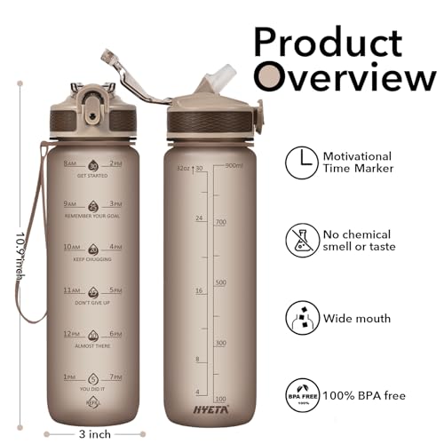 Hyeta Plastic Water Bottle With Straw & Time Marker, 32oz Leakproof Jug - color: Black Cloud