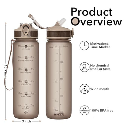 Hyeta Plastic Water Bottle With Straw & Time Marker, 32oz Leakproof Jug - color: Black Cloud