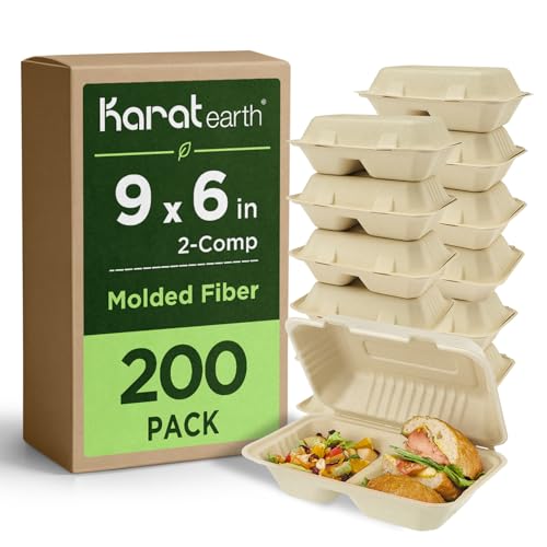 KARAT EARTH Clamshell Take Out Food Containers [9"x6", 200 ct ] 2 Compartments | Compostable To Go Containers, Natural Biodegradable Bagasse