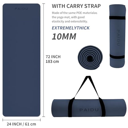PAIDU POE Yoga Mat （10mm）Extra Thick Fitness Mat 72"x24" with Carry Strap | Non-slip, tear-resistant and suitable for all ages, perfect for yoga, Pilates, home gym and full-body workouts. - color: Navy blue & Black