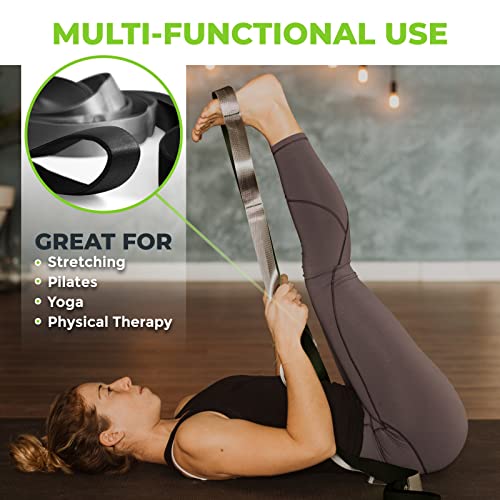 Stretching Strap for Physical Therapy, 12 Multi-Loop Stretch Strap 1.5" W x 8' L, Neoprene Handles, Physical Therapy Equipment, Yoga Straps for Stretching, Leg Stretcher. - color: Black/Grey