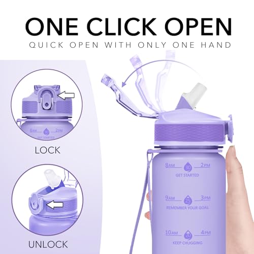 Hyeta Plastic Water Bottle With Straw & Time Marker, 32oz Leakproof Jug - color: Matte Lilac