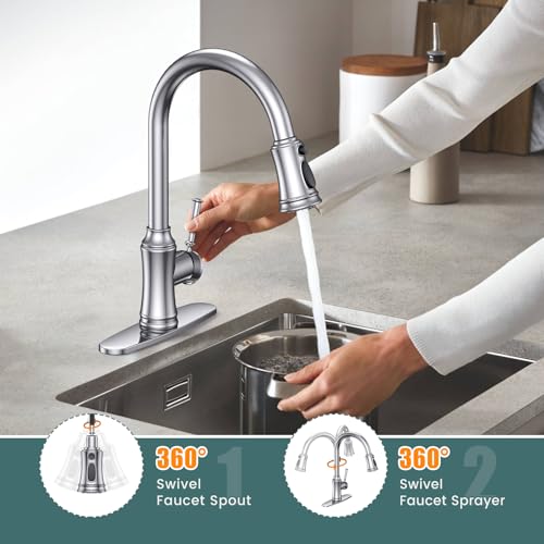 Kitchen Faucet with Pull Down Sprayer, Single Handle High Arc Utility Sink Faucet with Deck Suitable for bar for Kitchen Sink, Laundry Sink, Wet Bar or RV, Brushed Nickel