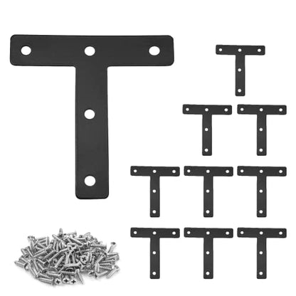 Uenhoy 10 Pcs T Shape Flat Mending Plates 80mm x 80mm (3.15" x 3.15") T Corner Braces T Bracket Connector Fixing Repair Plates for Furniture, Black