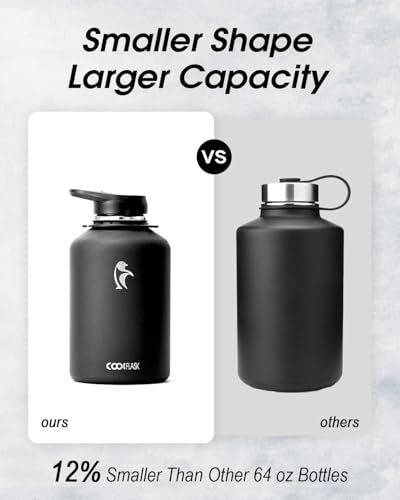 Coolflask Half Gallon Water Bottle Insulated Stainless Steel with Strap - color: Magic Black, size: 64 Ounces