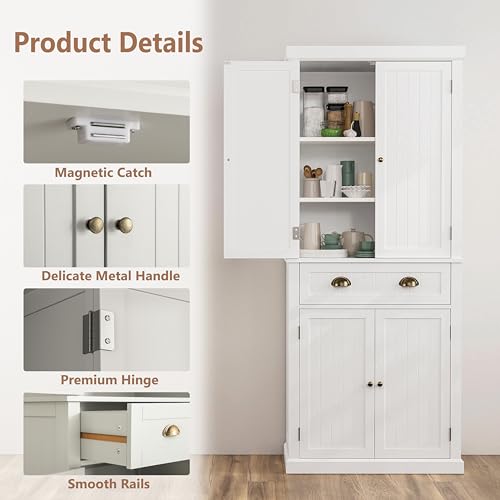 72" Kitchen Pantry,Tall Storage Cabinets with Doors and Shelves,Freestanding Pantry Cabinet for Bathroom,Dining Room and Living Room (Standard White) - color: Standard White