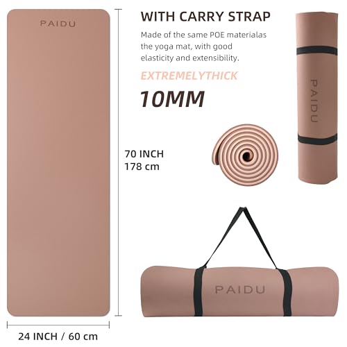 PAIDU POE Yoga Mat （10mm）Extra Thick Fitness Mat 72"x24" with Carry Strap | Non-slip, tear-resistant and suitable for all ages, perfect for yoga, Pilates, home gym and full-body workouts. - color: Brown+Apricot
