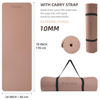 PAIDU POE Yoga Mat （10mm）Extra Thick Fitness Mat 72"x24" with Carry Strap | Non-slip, tear-resistant and suitable for all ages, perfect for yoga, Pilates, home gym and full-body workouts. - color: Brown+Apricot