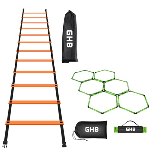 GHB Agility Ladder 1 Pack and Hex Agility Rings 1 Pack 12 Rung 20ft with 3 Carrying Bag