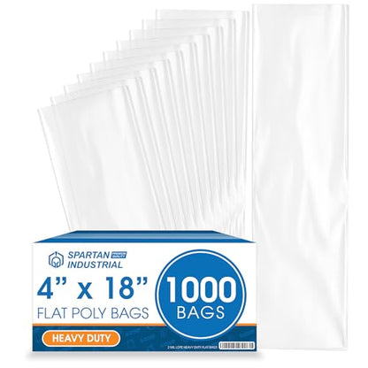 4" X 18" Open-End Flat Poly Bags (1000 Count) - 2 Mil Clear Heat-Sealable Plastic Bags for Packaging, Shipping, Storage - No Adhesive Strip - Spartan Industrial - size: 4" X 18"