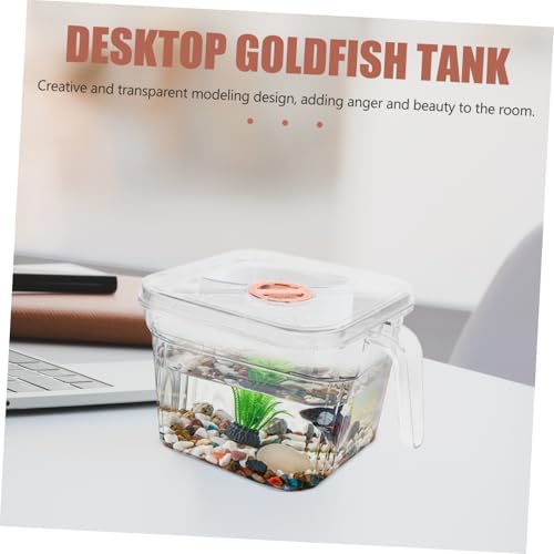 WOONEKY Transparent Small Fish Bowl with Lid and Handle Unbreakable Desktop Betta Aquarium for Easy Maintenance and Decoration for Desks Bookshelves and More