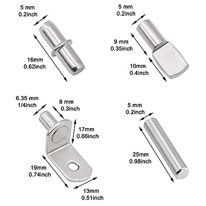 104Pcs Shelf Pins Kit,4 Styles Nickel Plated Shelf Support Pegs,Bookshelf Pegs for Shelves,Cabinet Shelf Bracket Pegs Shelf Pins Holders for Kitchen Furniture & Closet ( 5mm & 1/4inch ) - style: 4 Style-Silver-104 Pcs