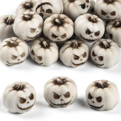 Uniclife 20 Pcs Halloween Mini Pumpkin Decorations, Halloween Fish Tank Decor, Spooky Smiling Face Mini Pumpkins, Jack-O'-Lantern Miniature Vase Fillers, White Resin Artificial Figurines - color: 20 Pcs Mini Pumpkin