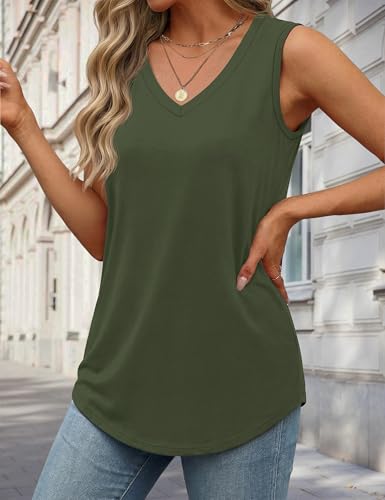 YUCOLEN Women's Tank Tops Loose Fit V Neck Summer UPF 50+ Flowy Curved Hem Basic Casual Sleeveless Tops - color: Armygreen, size: Large