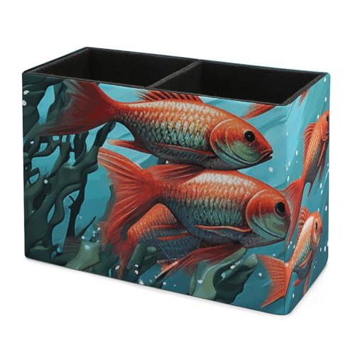 Leather Pencil Holder Fish Aquarium Pen Holder for Desk Square Desk Pen Cup for Home Office Supplies Waterproof Makeup Brush Holders