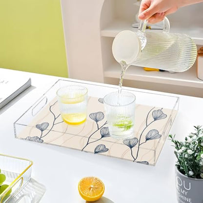 Acrylic Tray Clear Serving Vanity Ottoman Bathroom Coffee Table Countertop Organizer Raised Edge Spill Proof Beige Blue Minimalist Flower - color: Beige Blue Minimalist Flower